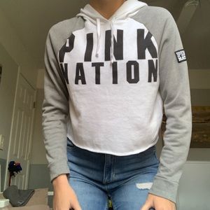 VS Pink Nation White Cropped Long Sleeve Hoodie